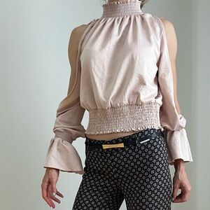 FREEw/ purchase S/M Pink Blush Satin Cold shoulder long sleeve Halter Top